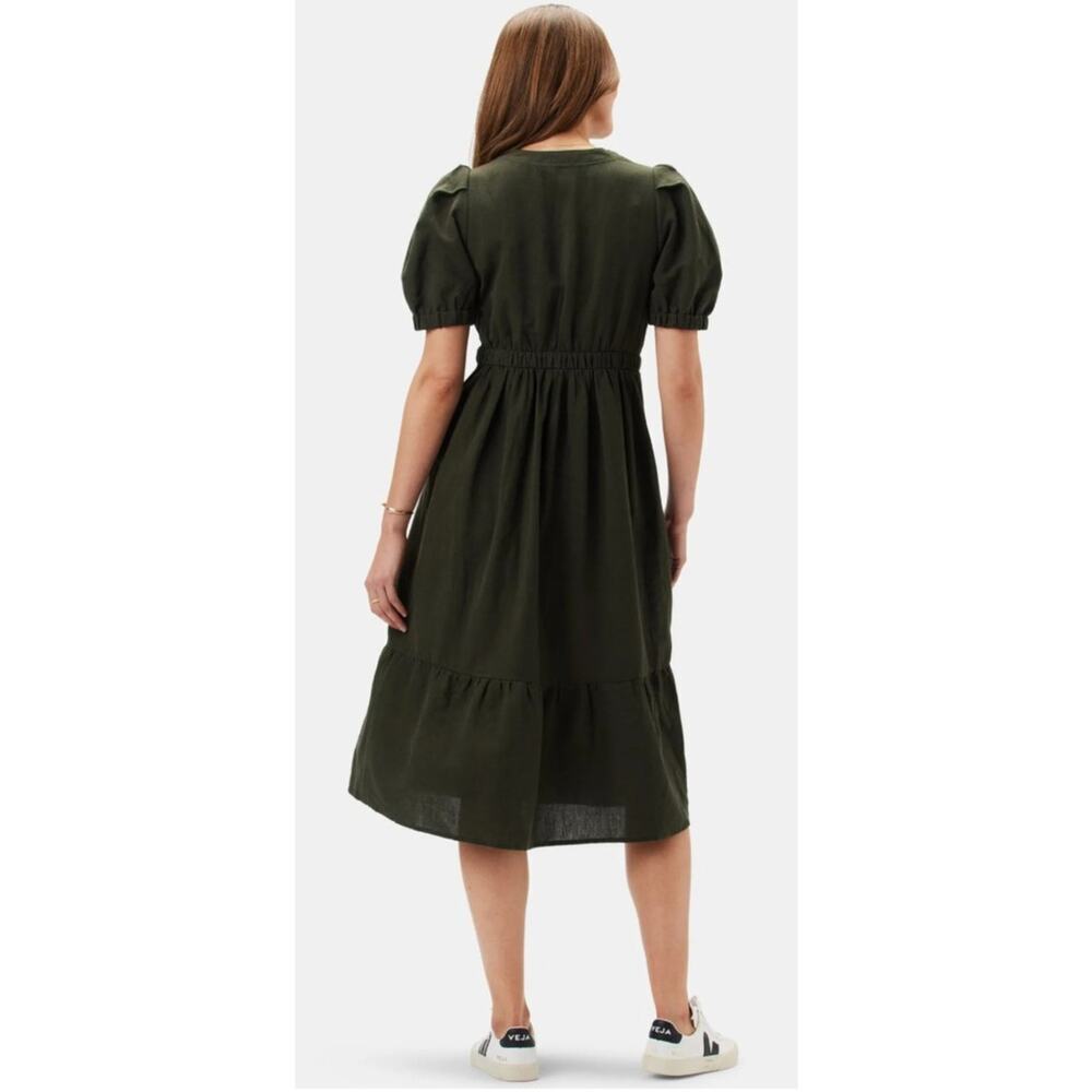 NWT AMOUR VERT Danielle Linen / Cotton Shortsleeve Olive Green Midi Dress Size S - Picture 2 of 6
